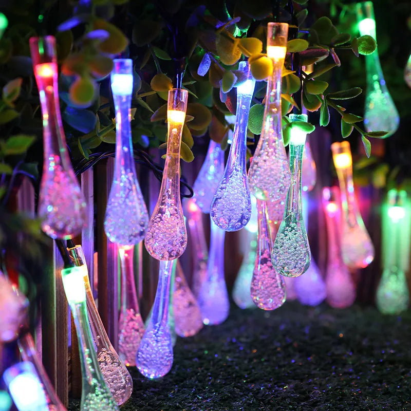 Solar Droplet Bulb String Lights Patio Wedding Decorative Pendant Lamp Outdoor Waterproof Camping Tent Garden Christmas Garland