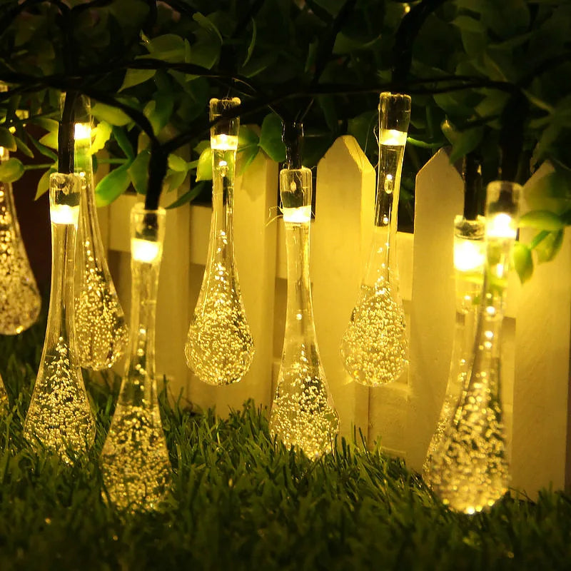 Solar Droplet Bulb String Lights Patio Wedding Decorative Pendant Lamp Outdoor Waterproof Camping Tent Garden Christmas Garland