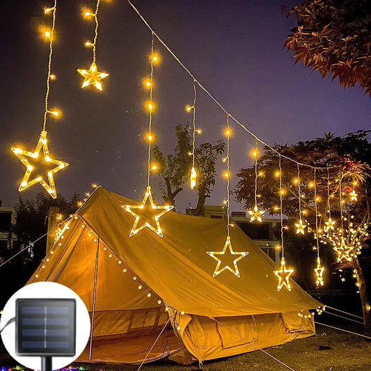 Solar Powered LED Icicle Star Moon Lamp Fairy Curtain String Lights Garland Christmas Decorative for Home Wedding Party Window Decor