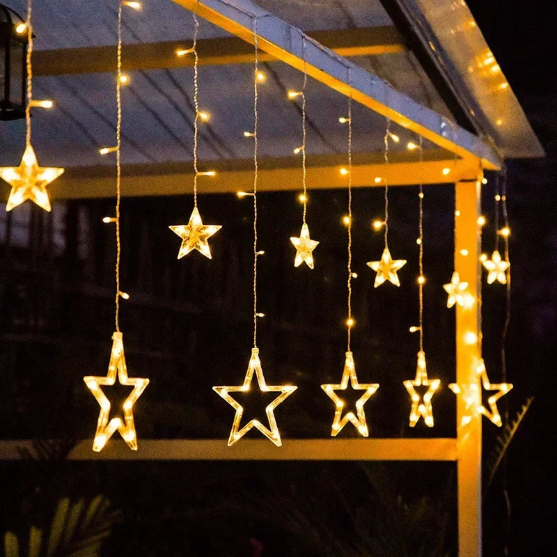 Solar Powered LED Icicle Star Moon Lamp Fairy Curtain String Lights Garland Christmas Decorative for Home Wedding Party Window Decor