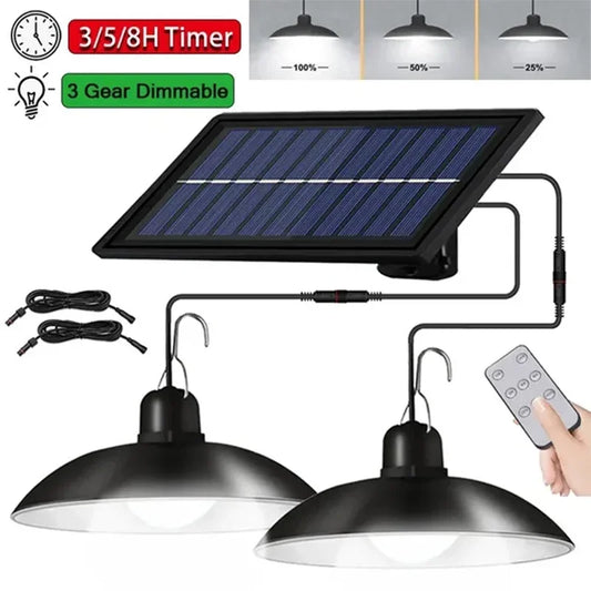 Solar Pendant Light Outdoor Waterproof LED Lamp Double-head Chandelier Decorations with Remote Control for Indoor Shed Barn Room