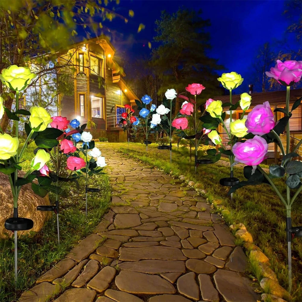 Solar Led Lights Outdoor Decorative 5 Heads Solar Garden Lights Rose Flower Lawn Lamp for Yard Patio Garden Decor