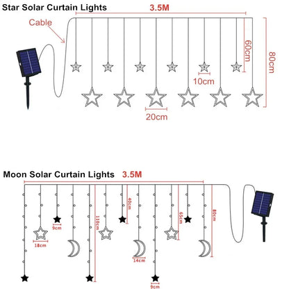 Solar Powered LED Icicle Star Moon Lamp Fairy Curtain String Lights Garland Christmas Decorative for Home Wedding Party Window Decor