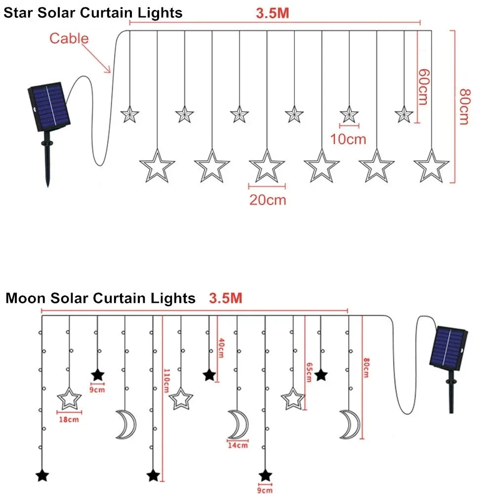 Solar Powered LED Icicle Star Moon Lamp Fairy Curtain String Lights Garland Christmas Decorative for Home Wedding Party Window Decor