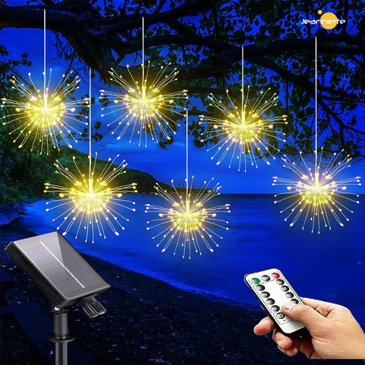 Solar Decorative Firework Lights Starburst Sphere Lights Dimmable Remote Control Waterproof Hanging Fairy Light For Christmas  Decorations