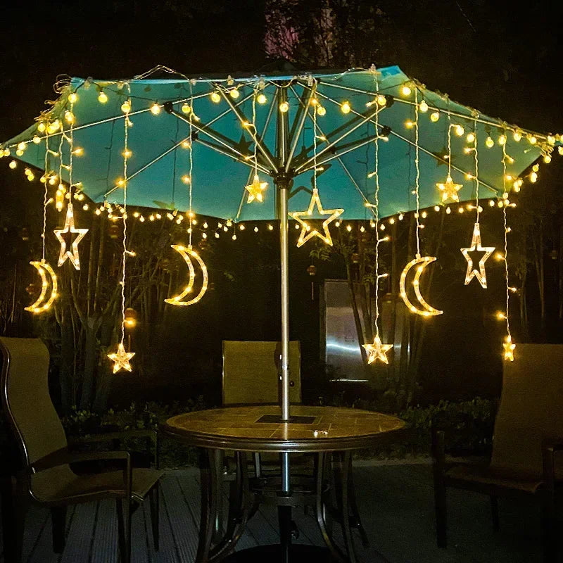 Solar Powered LED Icicle Star Moon Lamp Fairy Curtain String Lights Garland Christmas Decorative for Home Wedding Party Window Decor